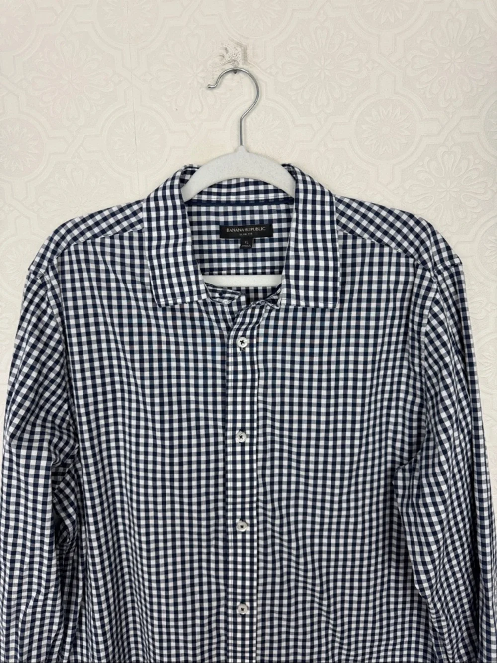 Banana‎ Republic Slim Fit Button Down Shirt Mens XL Blue White Gingham Stretch